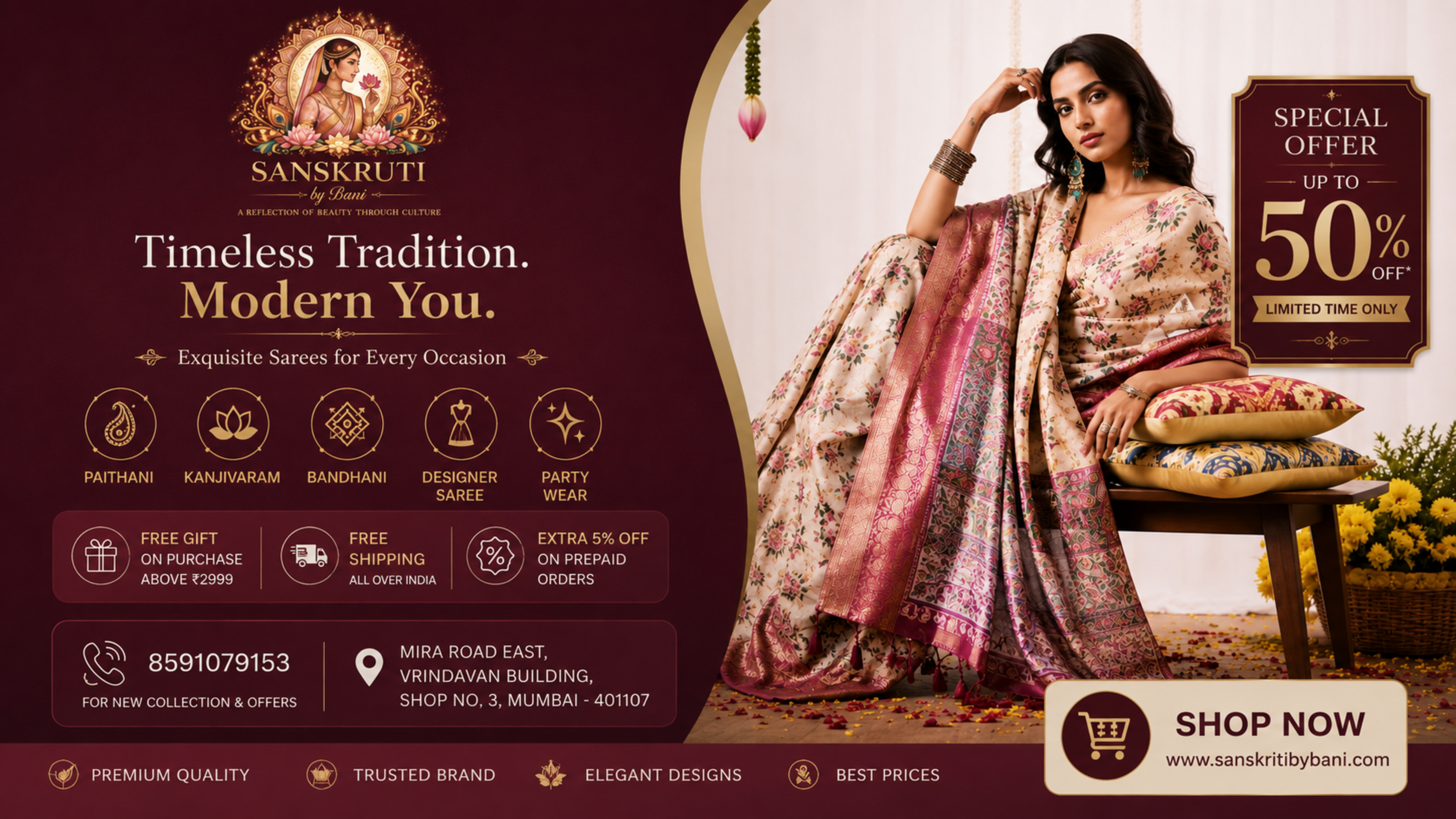 Sanskruti By Bani 50% Off Special Offer Banner Desktop