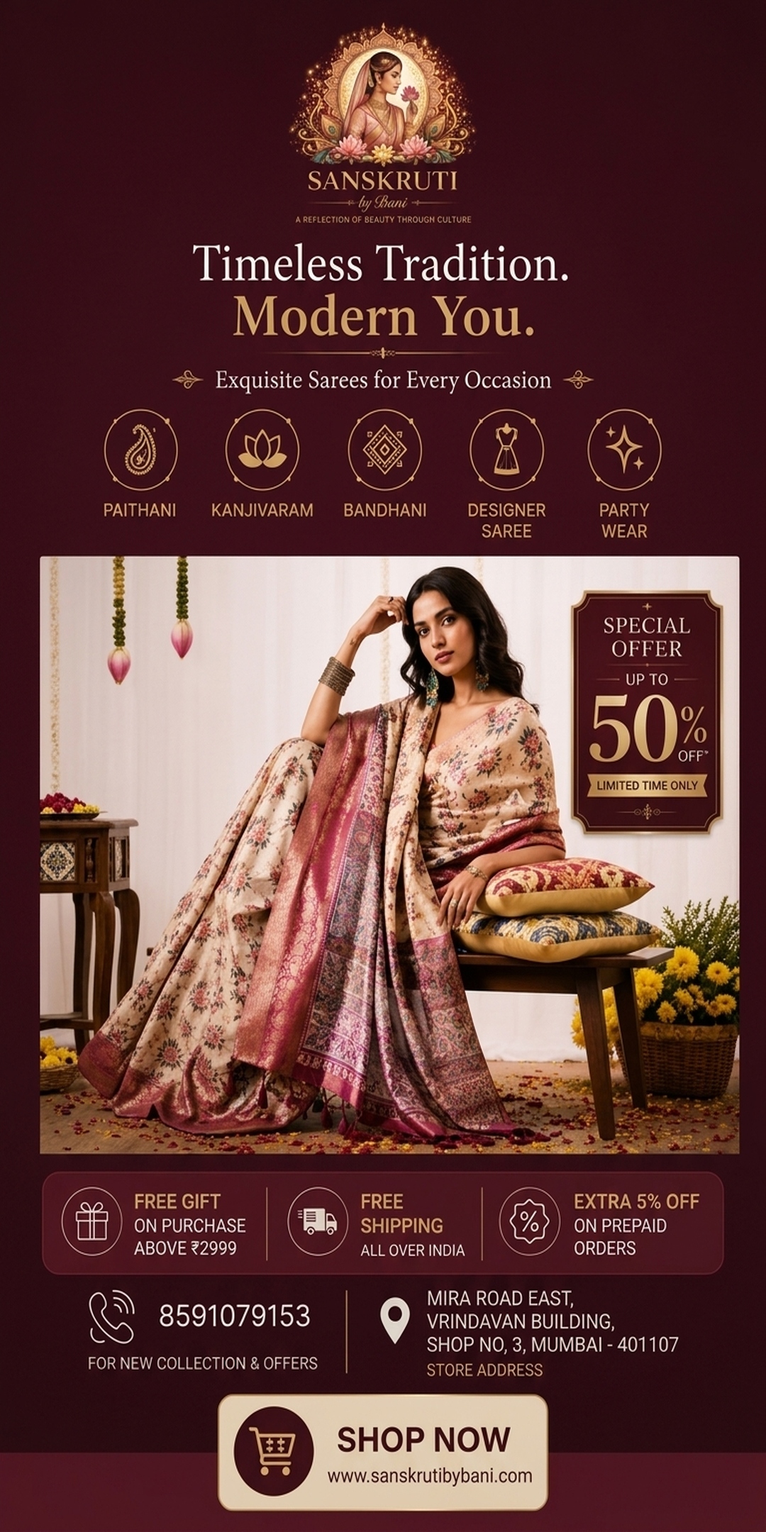 Sanskruti By Bani 50% Off Special Offer Banner Mobile